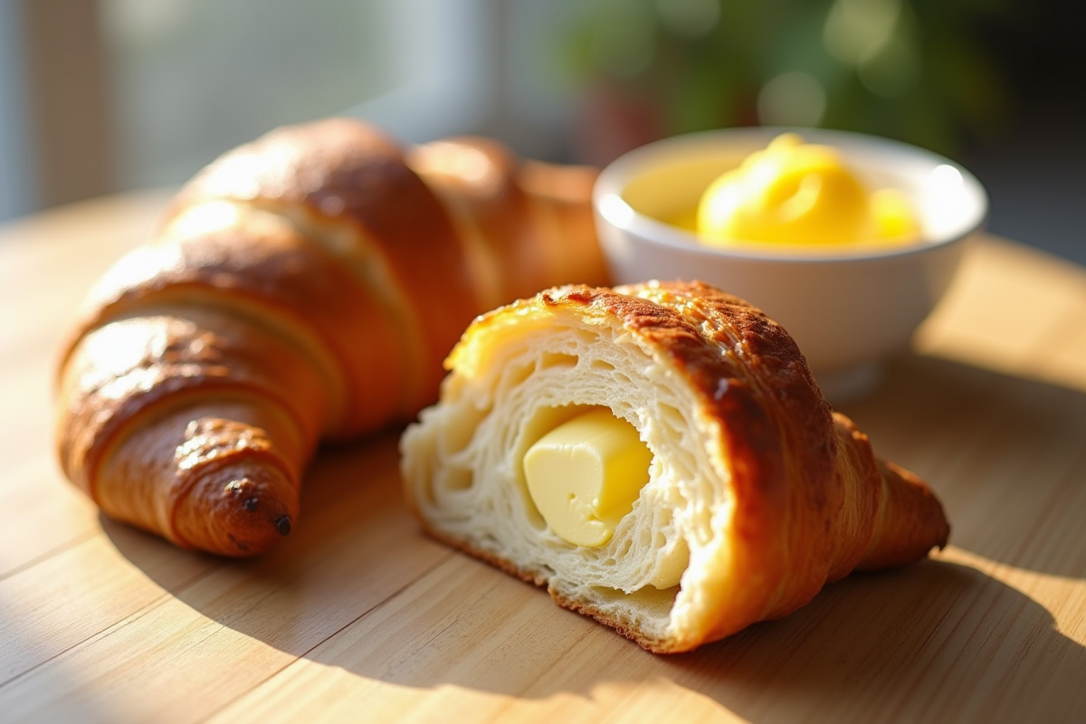 Croissant coupé en deux avec beurre et margarine sur une table lumineuse