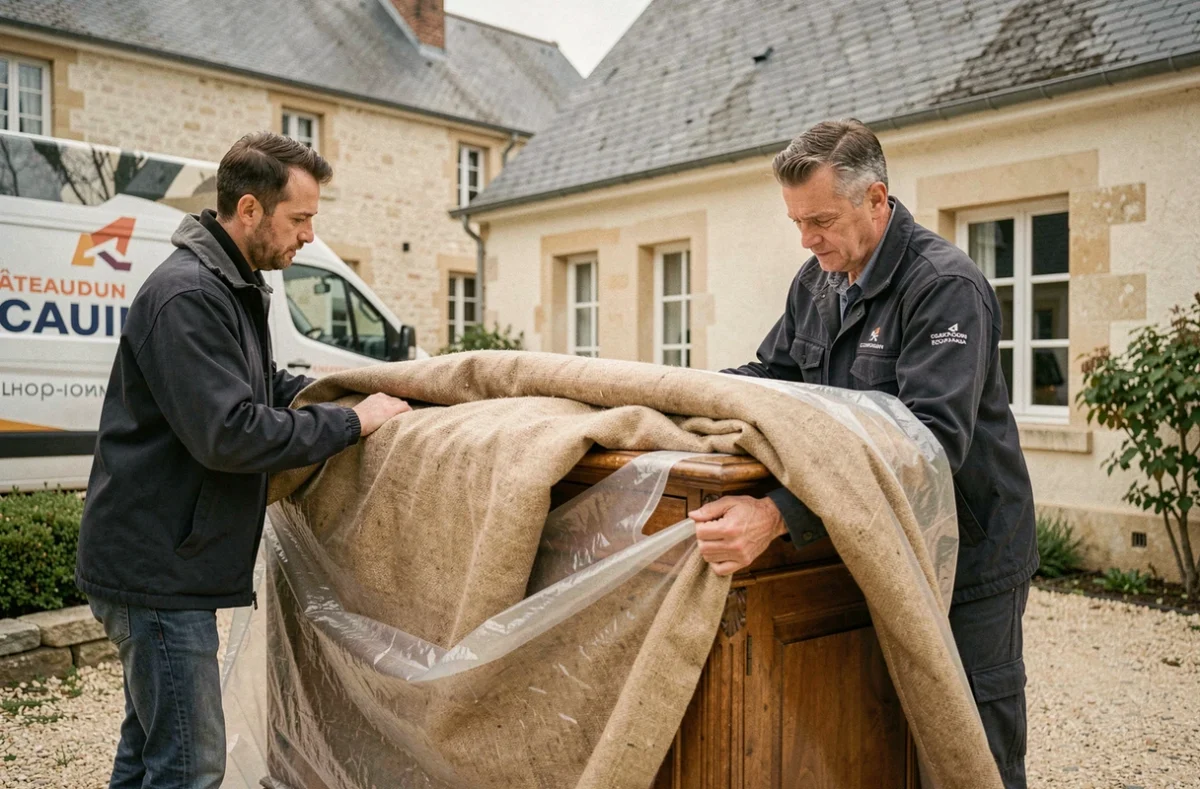 Déménageur Demeco Demena Châteaudun emballant soigneusement un meuble ancien devant une maison de la région