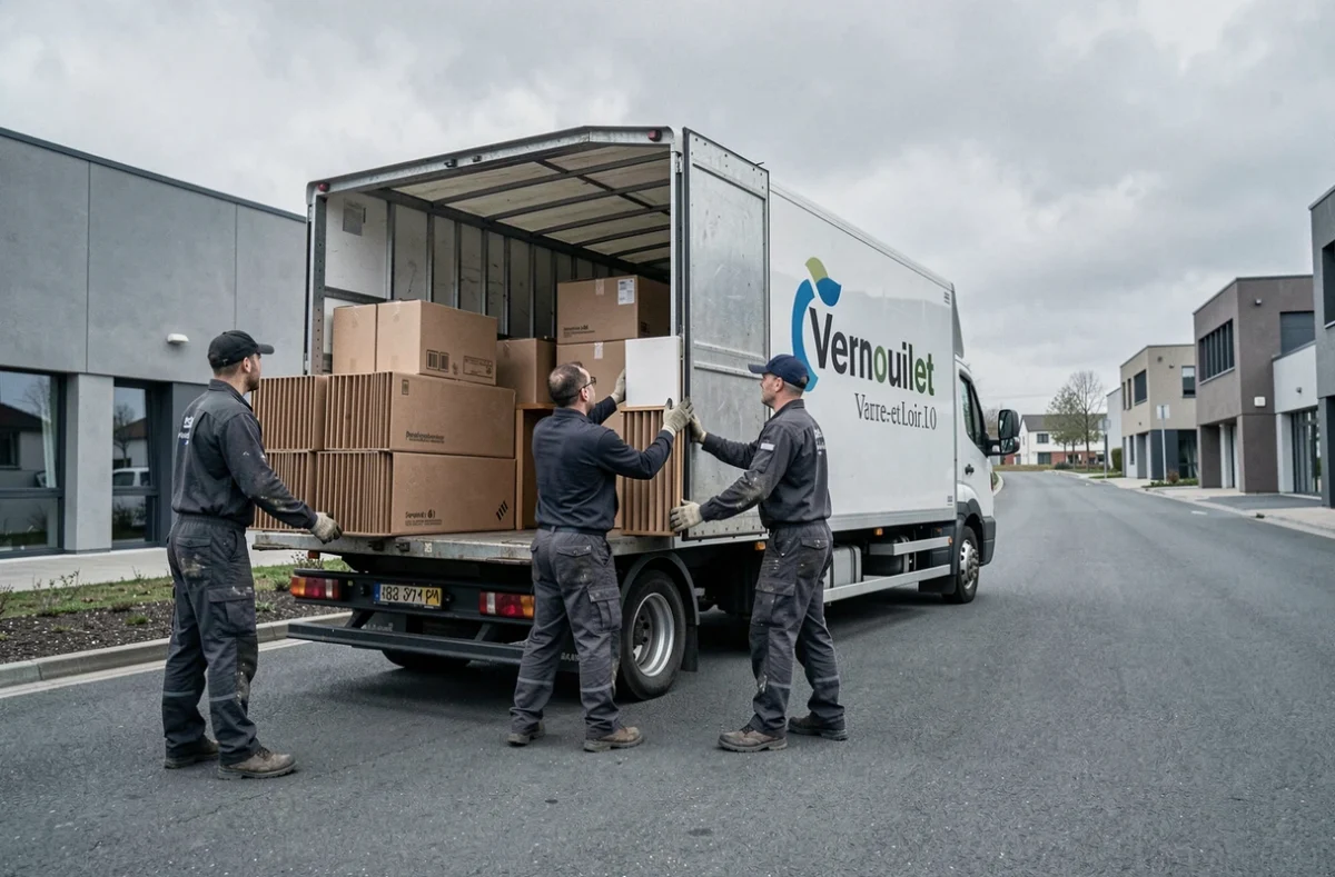 Équipe Demeco Demena Dreux à Vernouillet déchargeant un camion de déménagement dans une rue commerciale