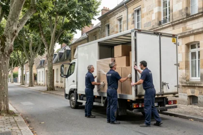 Équipe de déménageurs professionnels chargeant un camion dans une rue résidentielle d'Eure-et-Loir