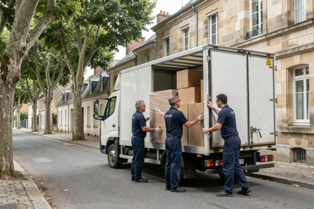 Équipe de déménageurs professionnels chargeant un camion dans une rue résidentielle d'Eure-et-Loir