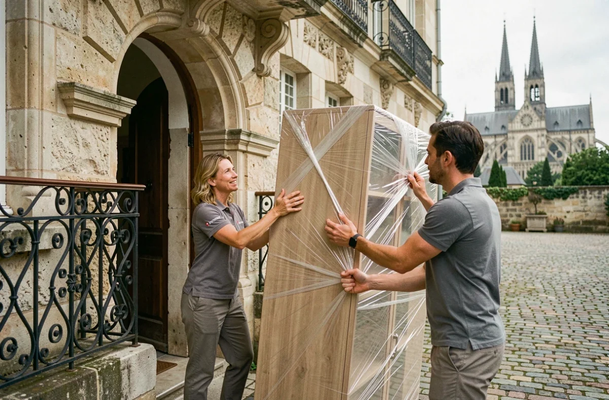 Équipe des Déménagements Delaunay manœuvrant une armoire dans un immeuble ancien du centre de Chartres
