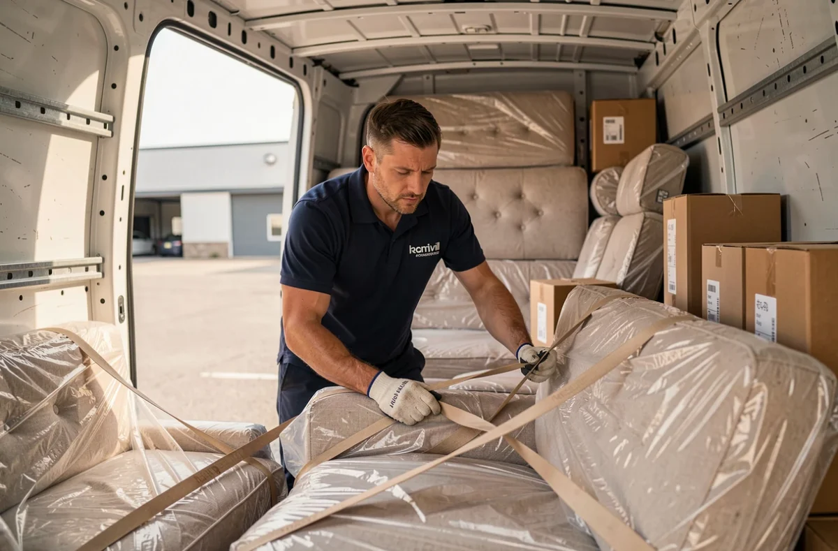 Déménageur de l'entreprise Jumeau à Gellainville sécurisant des meubles dans un camion de déménagement