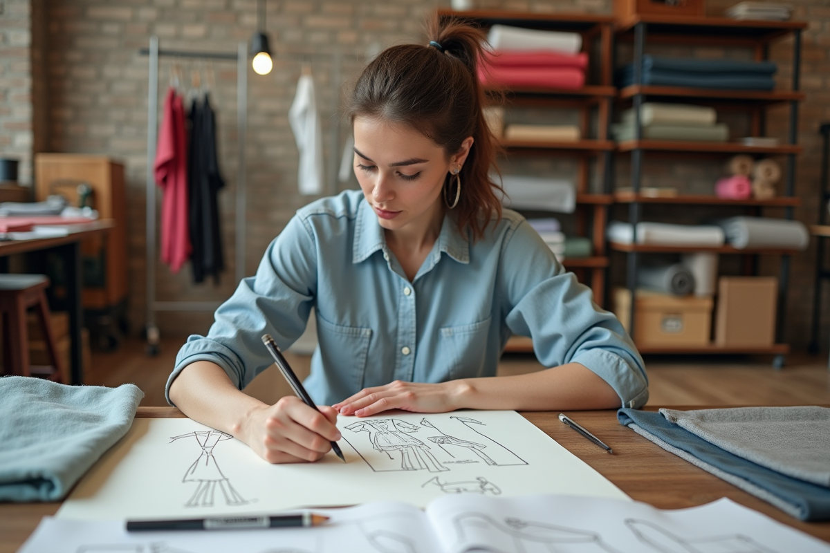 Femme créant des croquis de streetwear dans son atelier lumineux