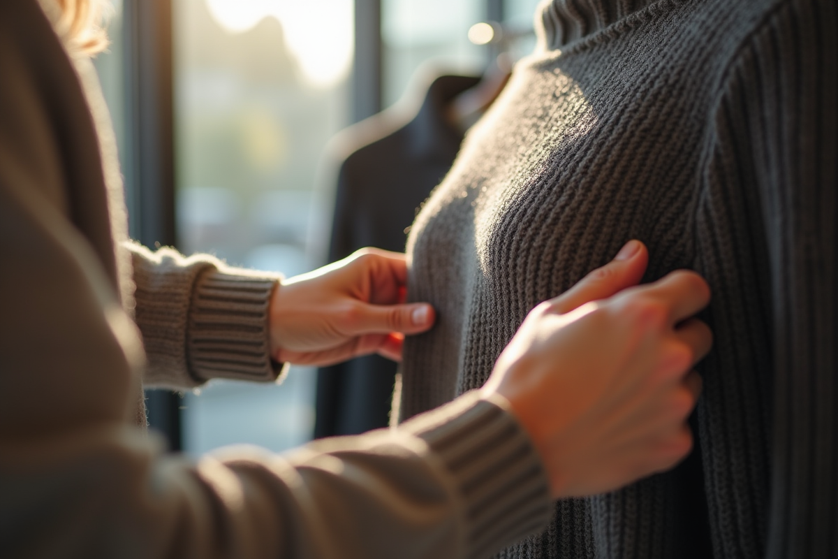 Gros plan sur des mains touchant un pull de qualité dans une boutique