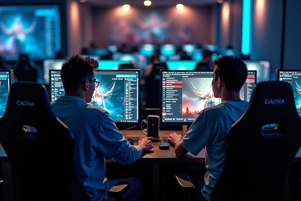 Deux joueurs comparant les données de League of Legends entre le client Riot et Wated dans un gaming café