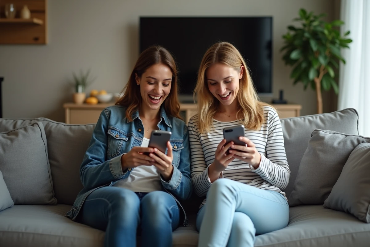 Deux femmes adultes comparant leurs stratégies sur smartphones dans un salon moderne, jouant ensemble à un jeu de plateau mobile