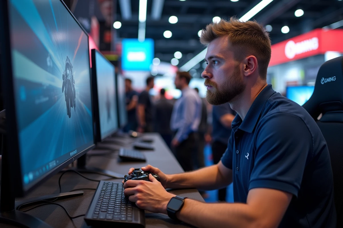 Développeur de jeux concentré testant une démo Xbox sur stand lors du Summer Game Fest 2026, moniteur incurvé et contrôleur en main