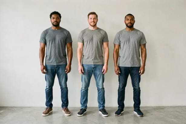 Trois hommes adultes de différentes ethnies debout côte à côte, illustrant les différences de taille moyenne selon les origines génétiques et géographiques