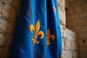 Drapeau royal français en soie bleue brodé de fleurs de lys dorées sur un mur en pierre d'un château médiéval