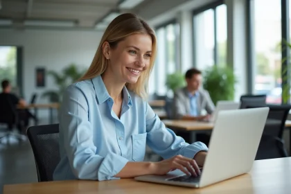 Femme professionnelle rédigeant un email de fin d'année avec souhaits de bonnes vacances sur un ordinateur portable au bureau
