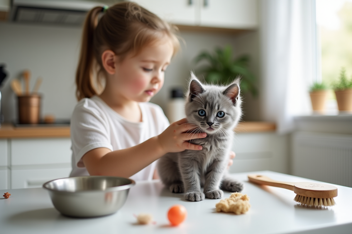Enfant brossant un chaton angora gris sur une table