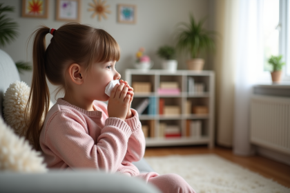 Jeune fille de 6 ans souffle dans un mouchoir dans un salon familial