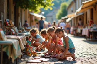 Enfants rieurs explorant des vieux jouets lors d'un vide grenier