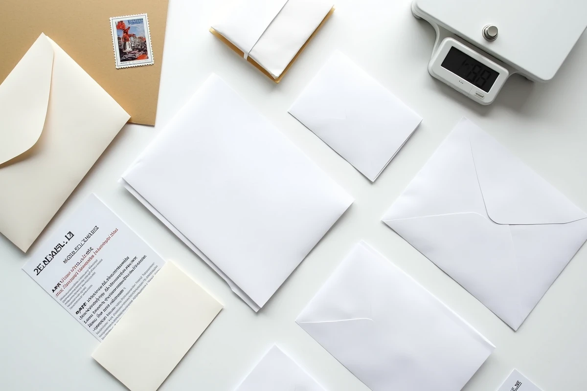 Vue aérienne d'enveloppes de différents formats, timbres et balance postale pour choisir le bon affranchissement