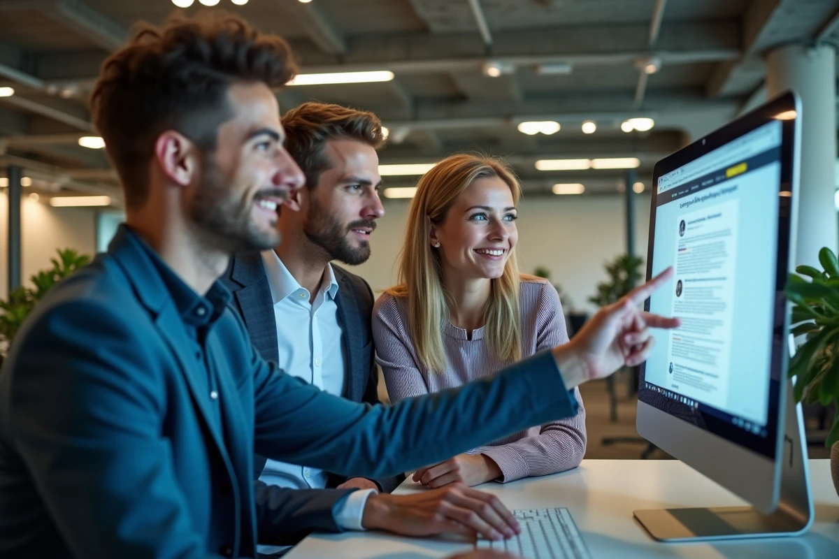 Équipe de collègues discutant d'un changement d'adresse de site web dans un bureau moderne