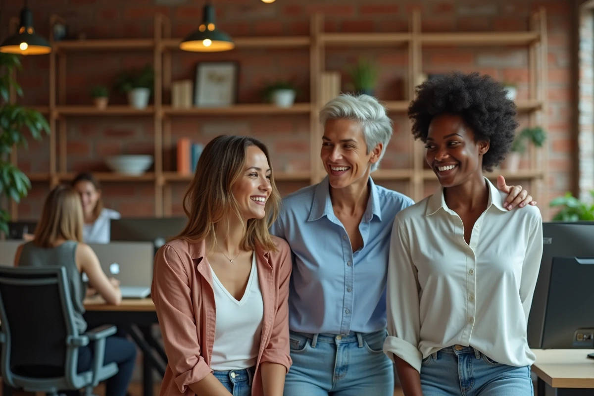 Équipe de collègues dans un espace de coworking discutant de la formule correcte bonnes vacances dans un email professionnel