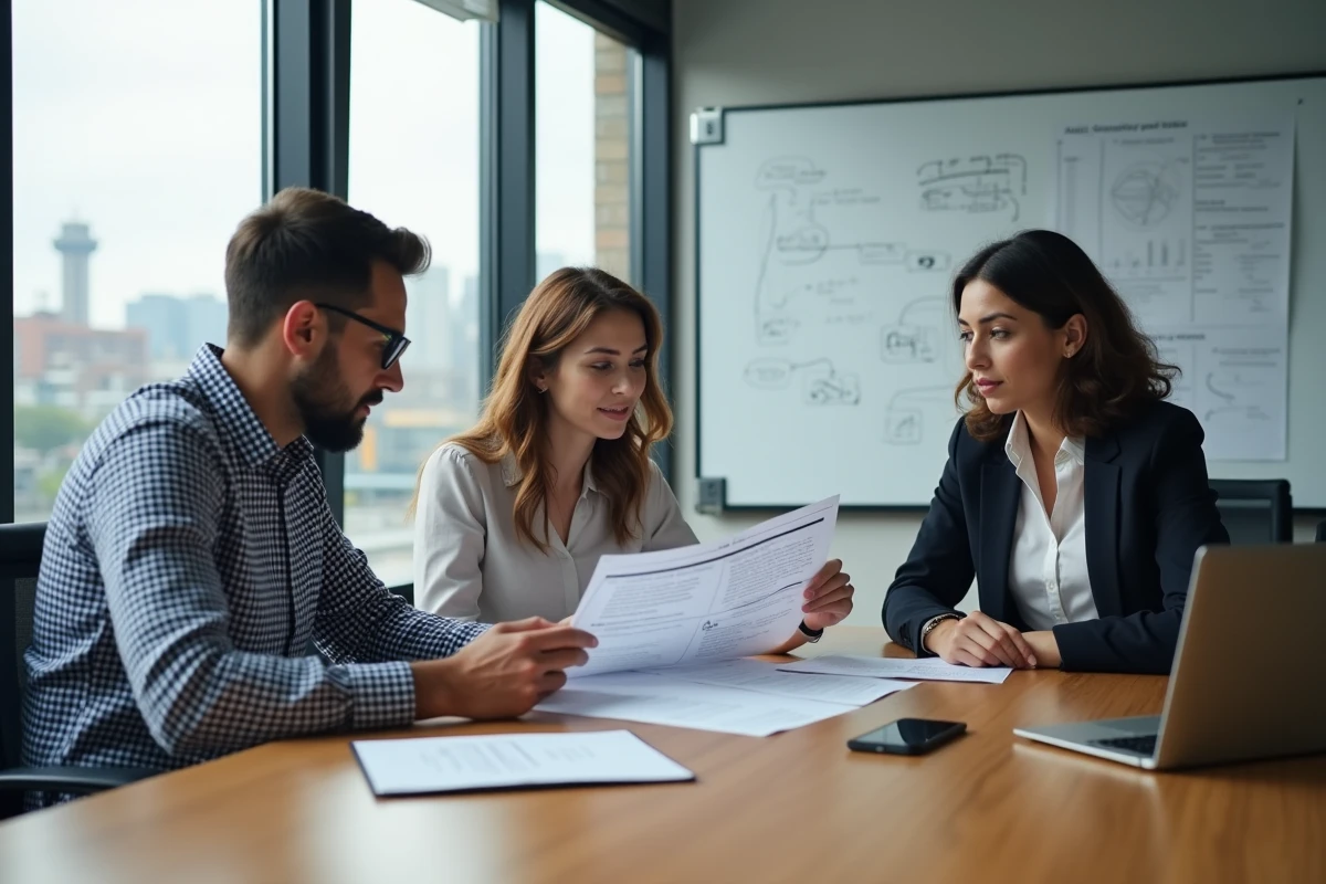 Équipe qualité en réunion de travail autour d'un logiciel de gestion qualité industrielle dans une salle de conférence moderne