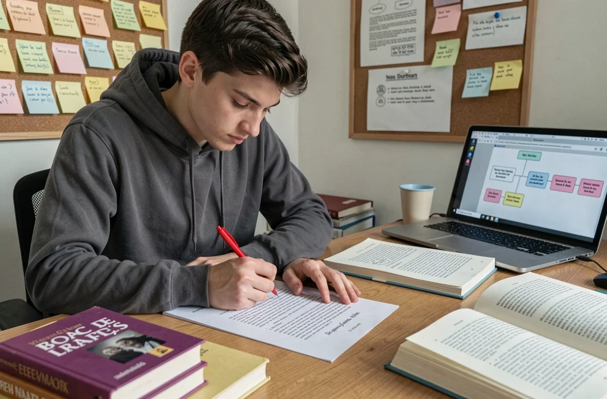 Étudiant lycéen qui annote un essai de littérature pour le Bac de français dans sa chambre avec des manuels scolaires ouverts