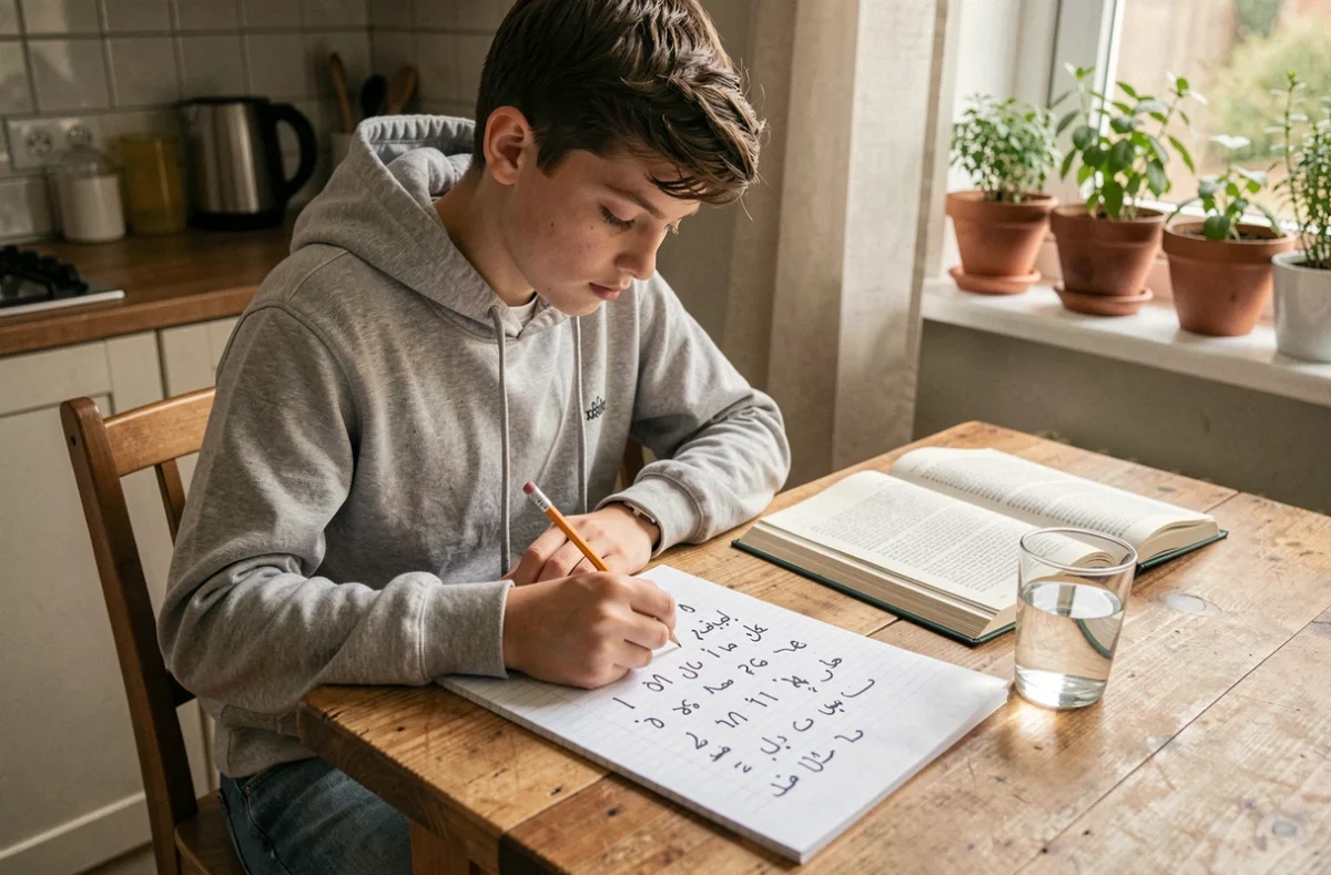 Adolescent étudiant la conversion de dates en chiffres romains sur un cahier de mathématiques à la maison