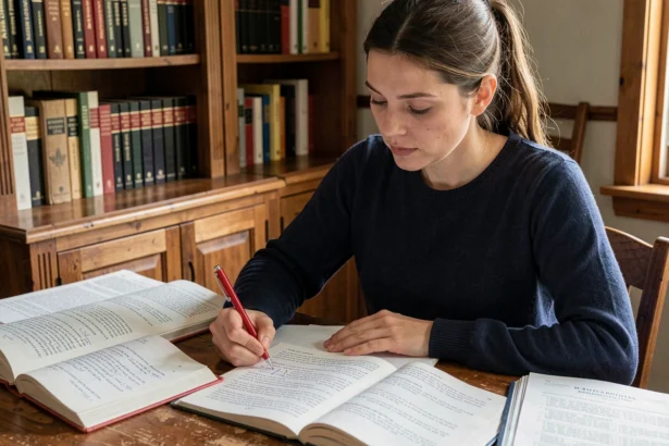 Femme révisant des exercices de grammaire française sur le passé composé avec des livres ouverts et des corrections au stylo rouge