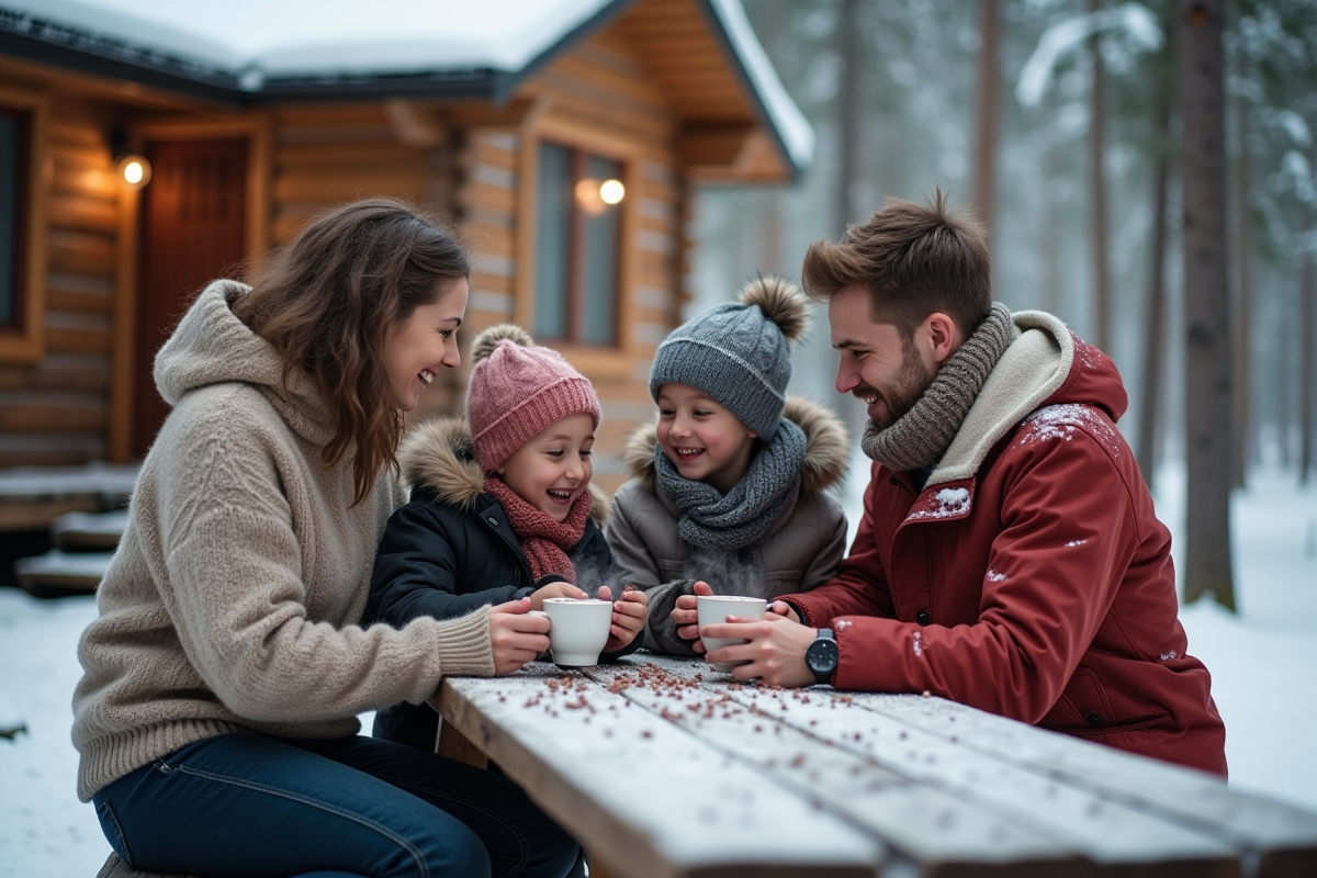 Famille profitant d’un moment cosy en forêt enneigée