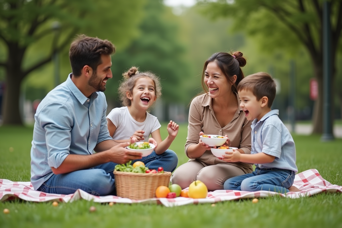 Famille profitant d un pique nique dans un parc vert