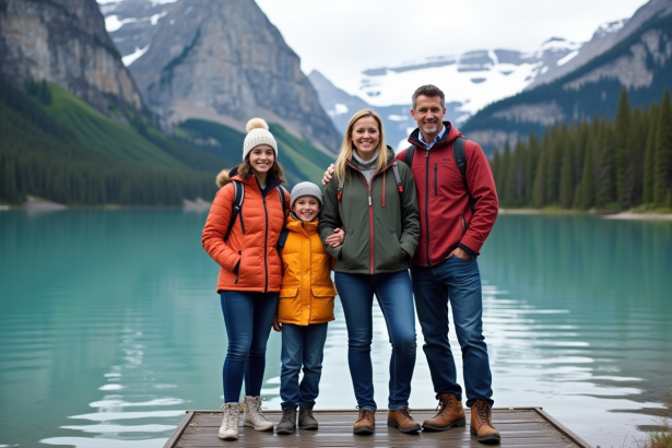 Famille multigenerational devant un lac canadien