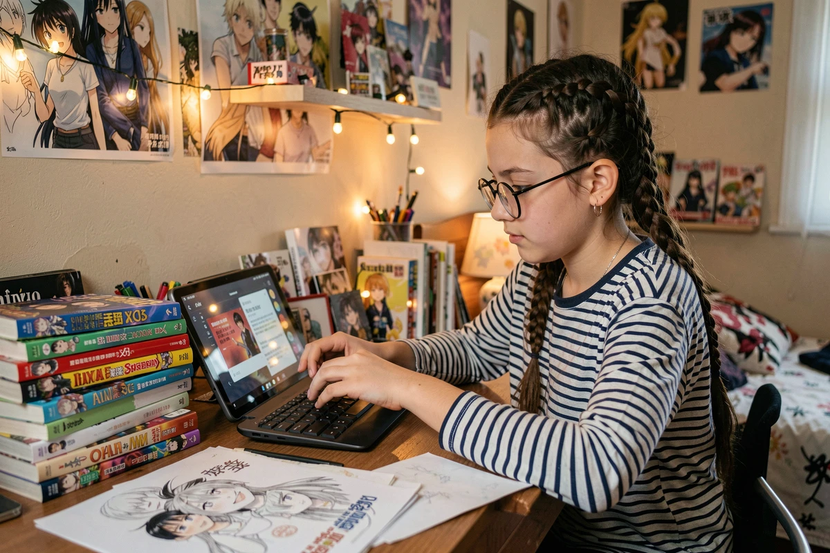Adolescente fan de manga utilisant une application de lecture numérique dans sa chambre décorée de posters d'anime