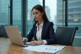 Femme d'affaires en costume navy dans un bureau moderne