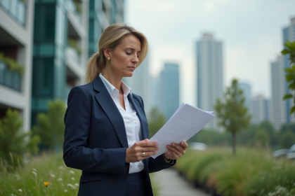 Femme d'affaires en costume bleu dans un environnement durable