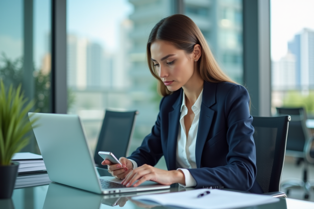 Femme d'affaires concentrée sur son ordinateur en bureau moderne