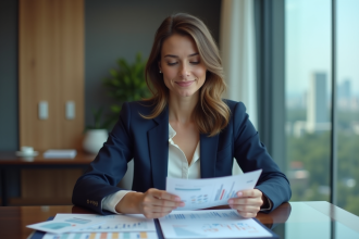 Femme d'affaires en costume bleu examinant un portefeuille