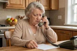 Femme âgée inquiète tenant un téléphone fixe à la maison, préoccupée par une arnaque téléphonique au numéro 02 70