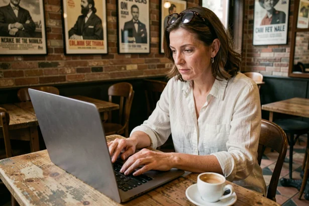 Femme bloguant dans un café parisien sur son ordinateur portable, illustrant l'univers des blogs comme l'Échelle de Jacob