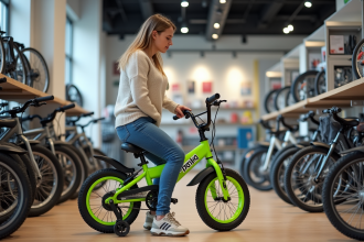 Femme examine un vélo pour enfant Piwi 2025 en magasin