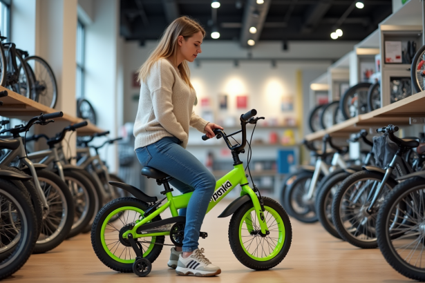 Femme examine un vélo pour enfant Piwi 2025 en magasin