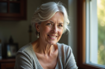 Femme britannique élégante avec sourire doux face à la lumière naturelle
