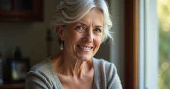 Femme britannique élégante avec sourire doux face à la lumière naturelle