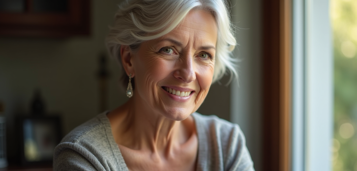 Femme britannique élégante avec sourire doux face à la lumière naturelle
