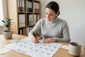 Femme annotant un calendrier papier avec numéros de semaines ISO dans un bureau à domicile