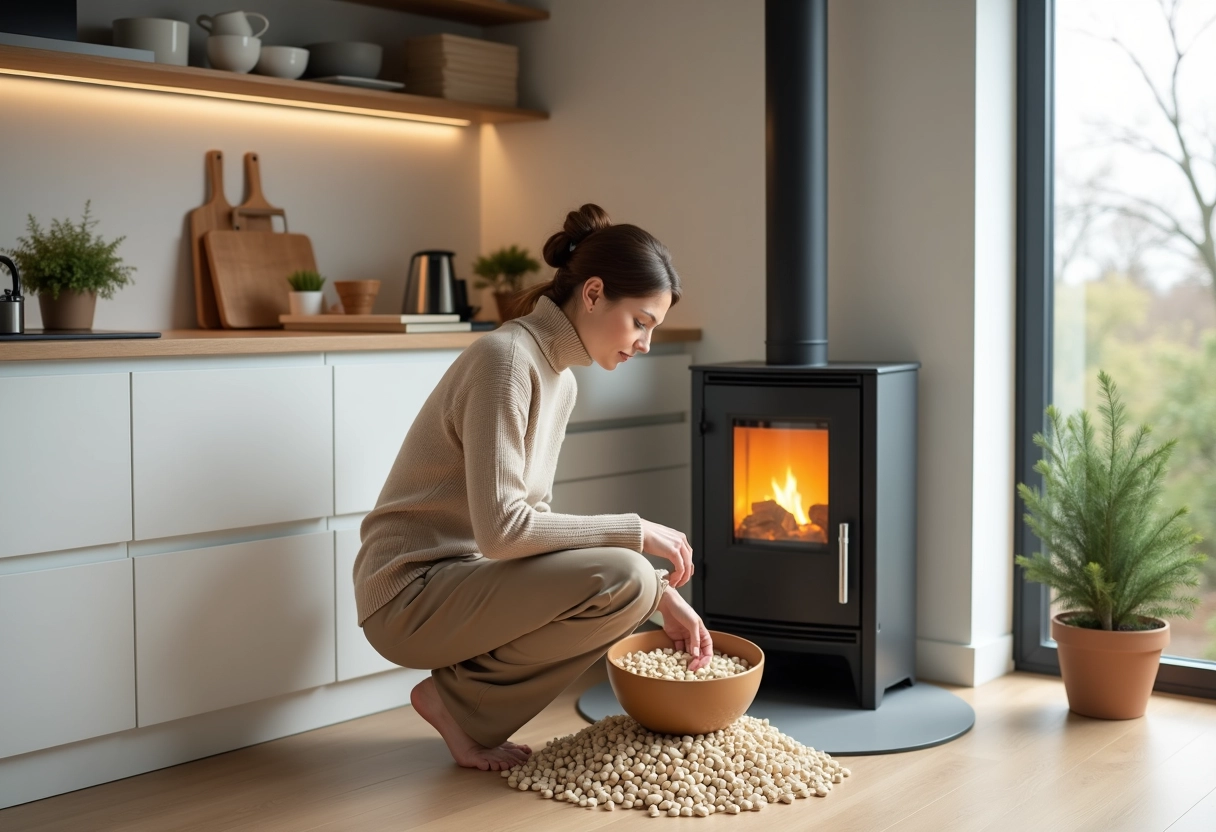 Jeune femme dans cuisine scandinave avec poêle à pellets