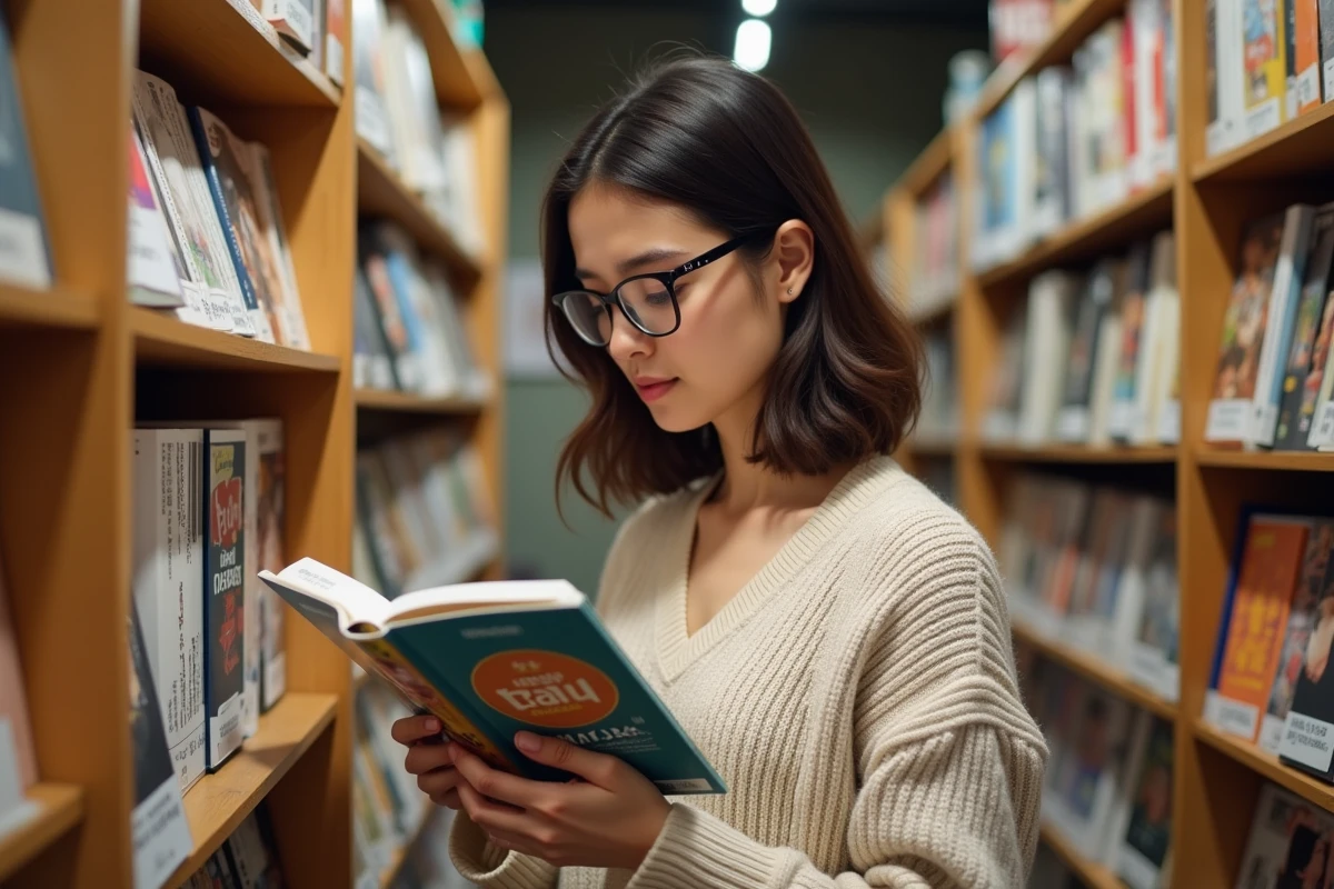 Femme compare deux versions de manga dans une librairie