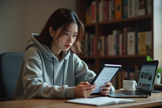 Jeune femme comparant des plateformes légales de manga sur tablette et ordinateur portable à son bureau