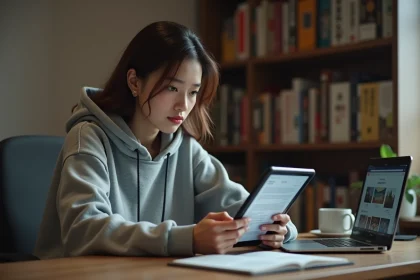 Jeune femme comparant des plateformes légales de manga sur tablette et ordinateur portable à son bureau