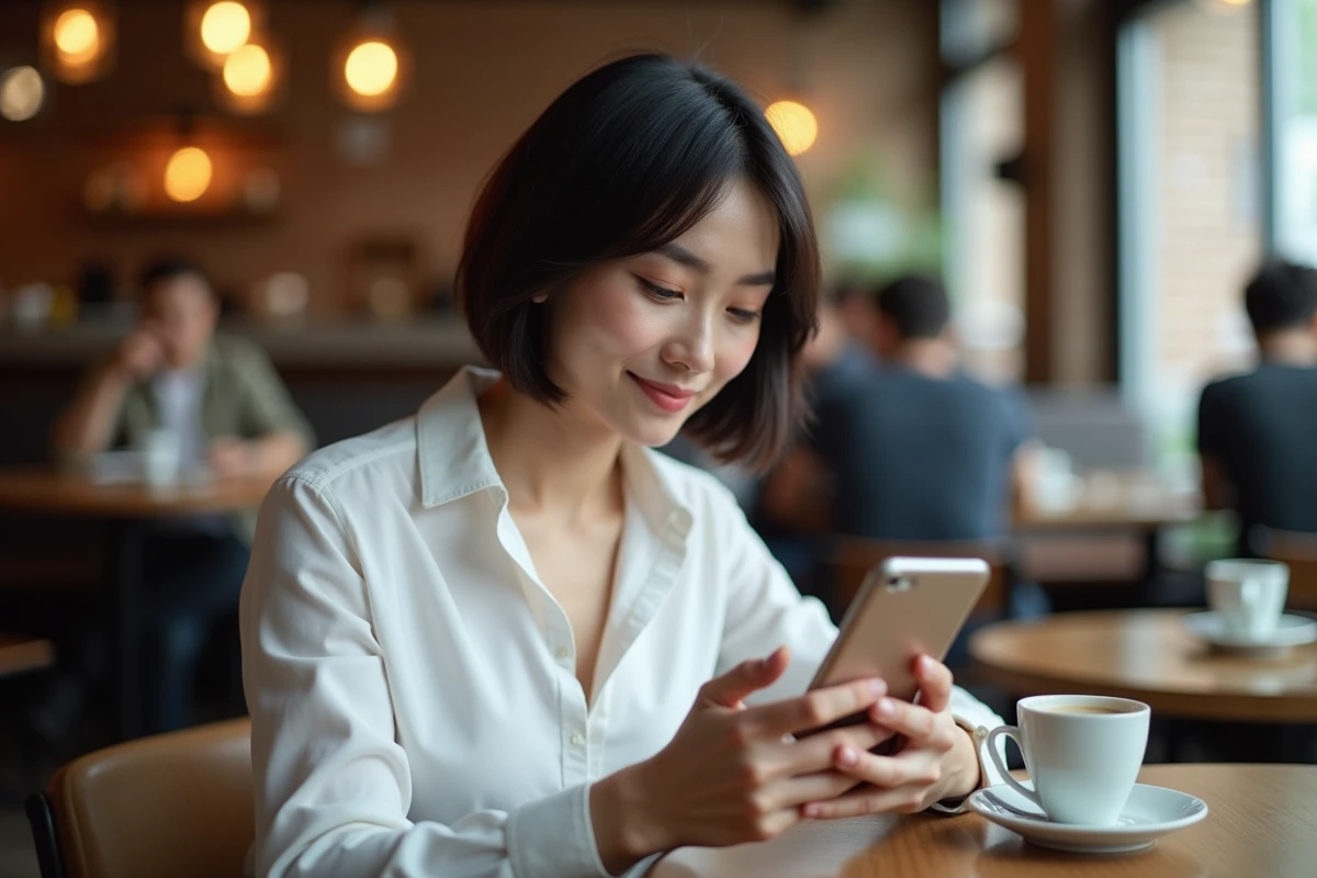Femme consultant son smartphone dans un café pour accéder à une nouvelle adresse web