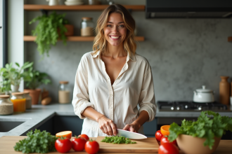 Femme souriante coupant des légumes frais dans la cuisine