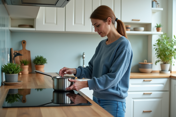 Femme en cuisine moderne manipulant une casserole en acier inoxydable