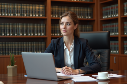 Femme en costume travaillant sur documents juridiques