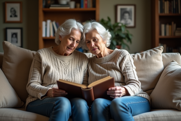 Femme âgée et fille regardant un album photo ancien